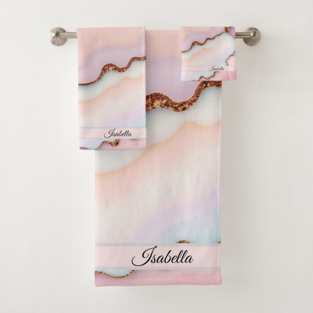 Light Blue Pink Marble Agate Modern Collection Bath Towel Set (Insitu)