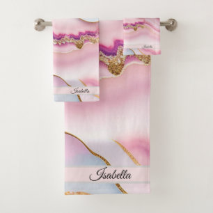 Light Blue Pink Marble Agate Trendy Collection Bath Towel Set
