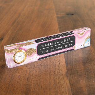 Light Blue Pink Marble Agate Trendy Collection Nameplate