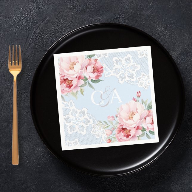 Light blue pink roses florals monogram wedding napkin (Creator Uploaded)