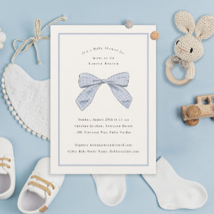 Light Blue Plaid Bow Elegant Boy Baby Shower Invitation
