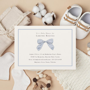 Light Blue Plaid Bow Elegant Boy Baby Shower Invitation