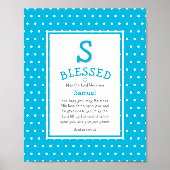Light Blue Polka Dot Name Baby Blessing Nursery Poster (Front)