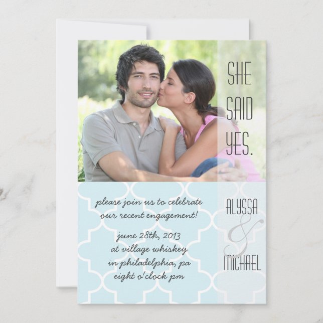 Light Blue Quatrefoil Engagement Party Invitation (Front)