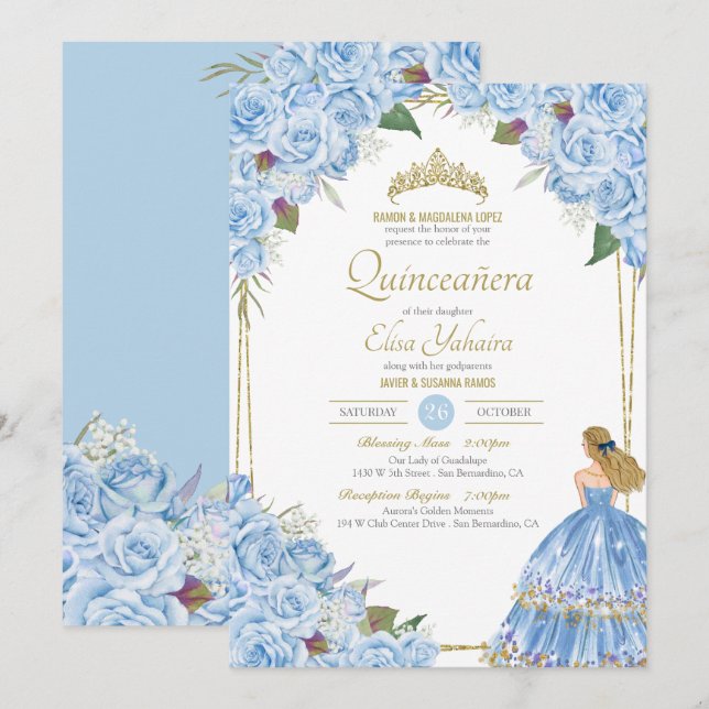 Light Blue Quinceanera Elegant Dress Rose Floral I Invitation (Front/Back)