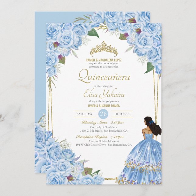 Light Blue Quinceanera Elegant Dress Rose Floral Invitation (Front/Back)