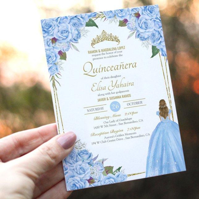 Light Blue Quinceanera Elegant Dress Rose Floral Invitation (Creator Uploaded)