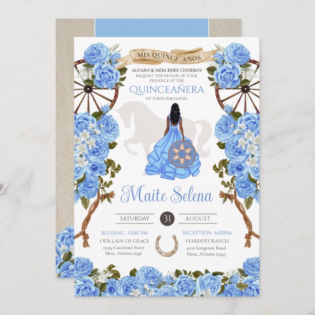 Light Blue Quinceanera Elegant Rose Western Charra Invitation (Front/Back)