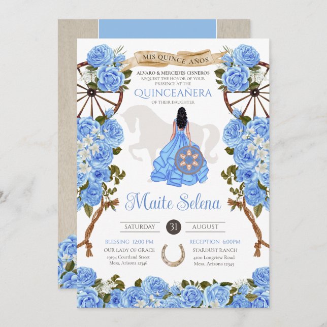 Light Blue Quinceanera Elegant Rose Western Charra Invitation (Front/Back)