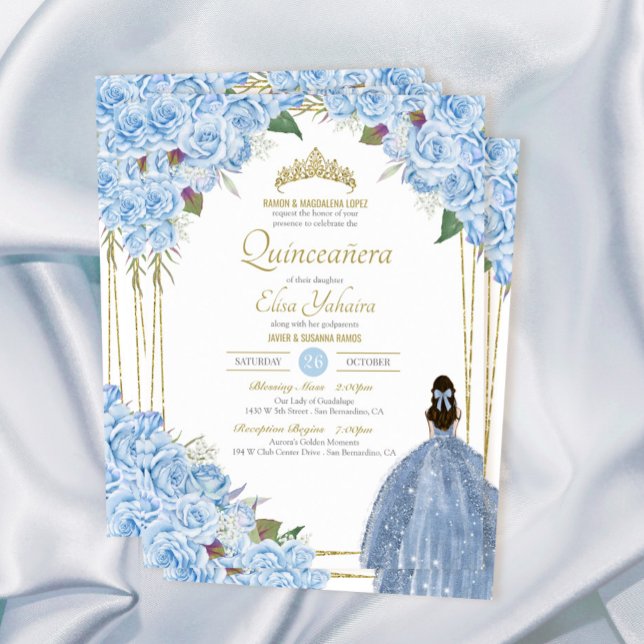 Light Blue Quinceanera Floral Rose Elegant Quince  Invitation (Creator Uploaded)