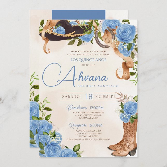 Light Blue Quinceanera Vintage Charro Western Rose Invitation (Front/Back)