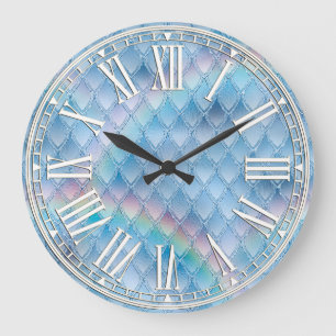 Light Blue & Rainbow & Sparkles Dragon Scales Large Clock