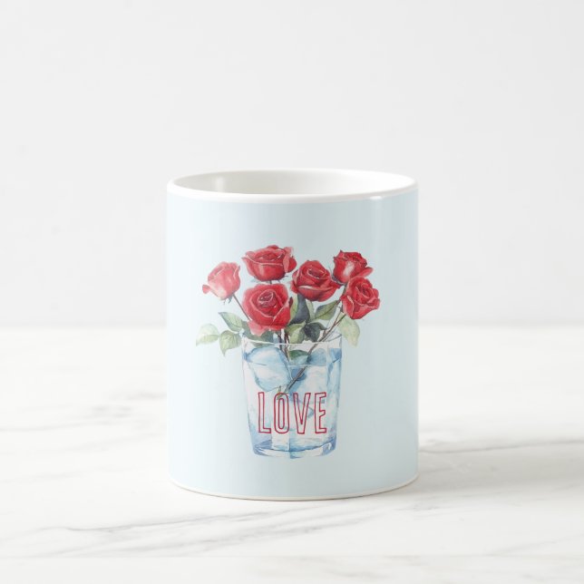 Light Blue Red Roses Glass Ice Coffee Mug (Center)