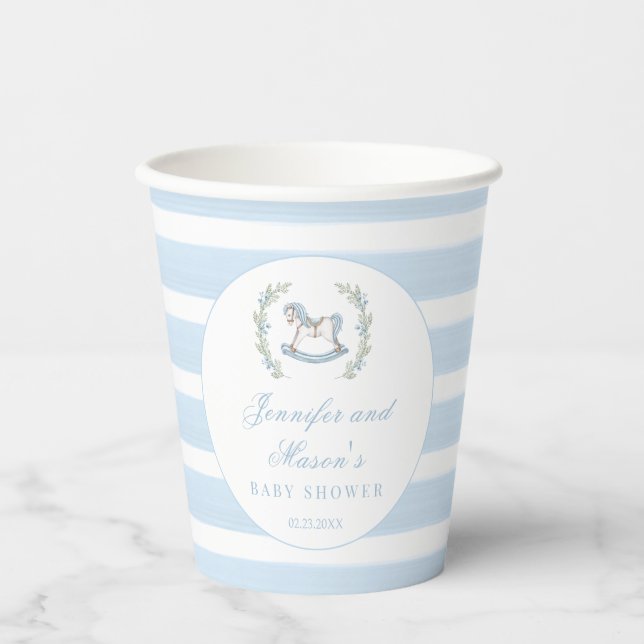 Light blue rocking horse boho arch baby boy shower paper cups (Front)