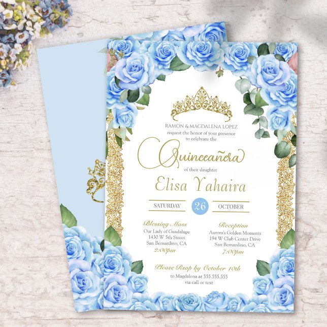 Light Blue Rose Floral Gold Elegant Quinceanera Invitation (Creator Uploaded)