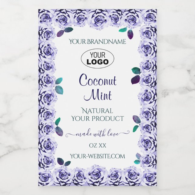 Light Blue Roses on White Product Labels with Logo (Single Label)
