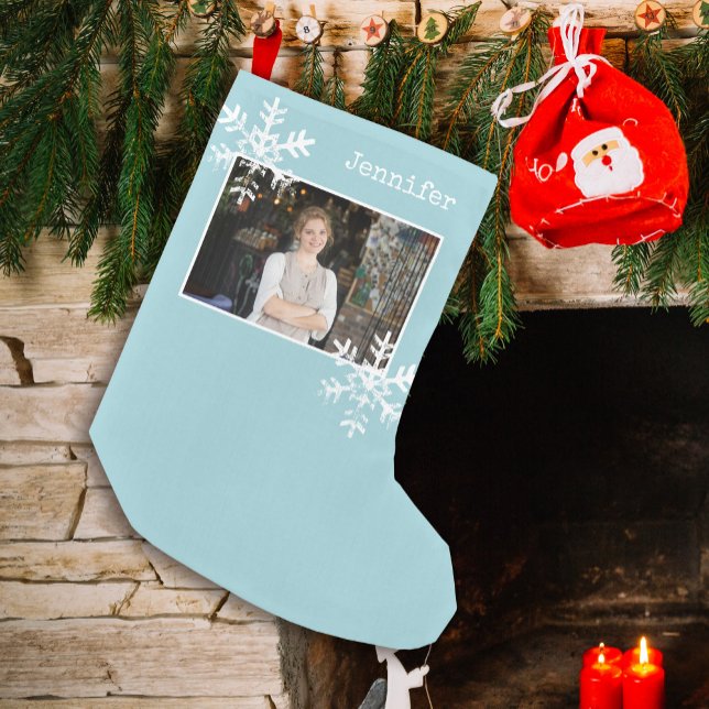 Light Blue Rustic Snowflake Custom Photo  Small Christmas Stocking (Distressed Rustic Snowflake design that can be personalized with a  photo and name monogram.)