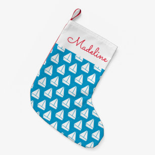 Light Blue Sailboat Pattern Add Your Name Small Christmas Stocking