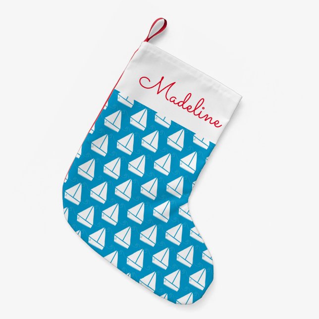 Light Blue Sailboat Pattern | Add Your Name Small Christmas Stocking (Front (Hanging))
