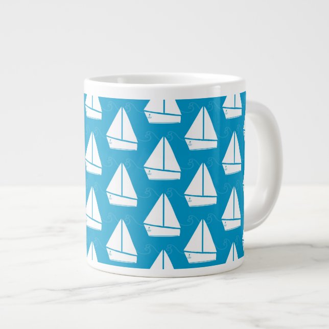 Light Blue Sailboat Pattern Large Coffee Mug (Front Right)
