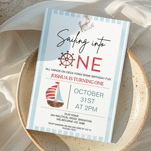Light Blue Sailboat Sailing into One 1st Birthday  Invitation (Light Blue and Red Sailing into One First Birthday Invitation Nautical Sailing into One 1st Birthday)