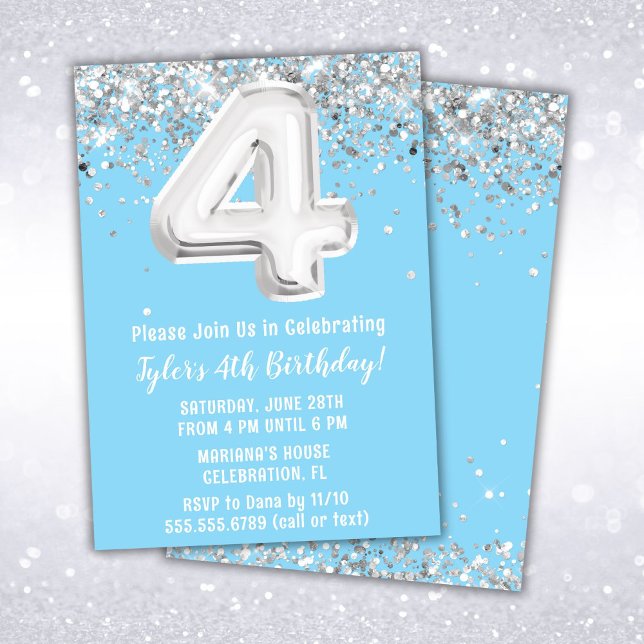 Light Blue Silver 4th Birthday Party Invitation (Creator Uploaded)
