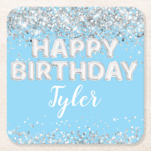 Light Blue Silver Birthday Party Square Paper Coaster