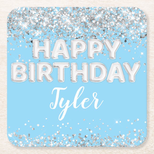 Light Blue Silver Birthday Party Square Paper Coaster (Front)