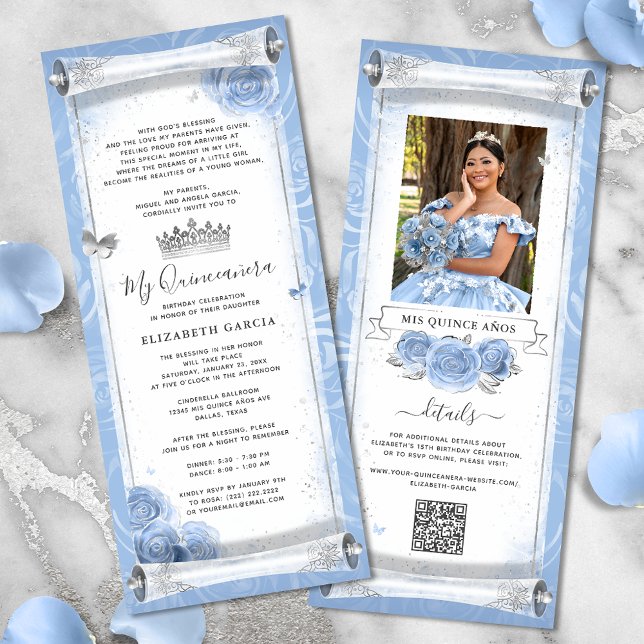 Light Blue Silver Birthday Scroll Invitation Cards (Elegant light blue and silver quinceanera scroll invitation cards for a Cinderella birthday party.)