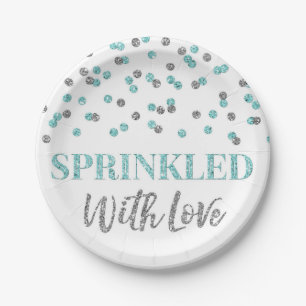 Light Blue Silver Confetti Sprinkled with Love Paper Plate