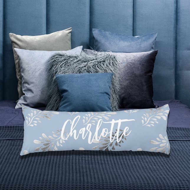 Light blue silver foliage botanical name script body cushion (Creator Uploaded)