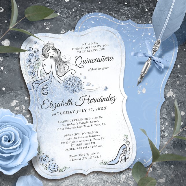 Light Blue Silver Princess Quinceanera Birthday Invitation (Unique, downloadable light blue quinceanera invitations on an editable DIY template.)