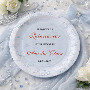Light Blue Silver Princess Quinceanera Birthday Paper Plate