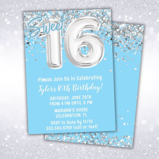 Light Blue Silver Sweet 16th Birthday Party Invitation (Creator Uploaded)