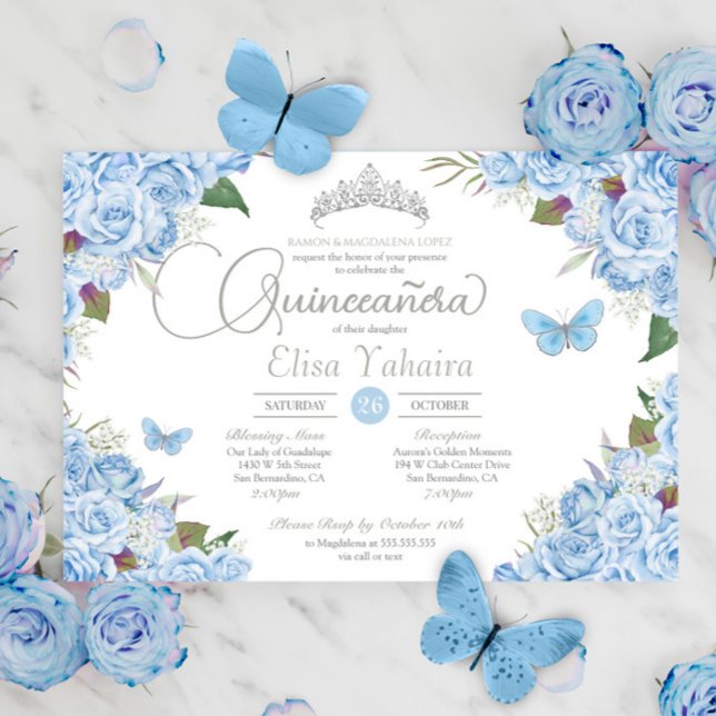 Light Blue Silver Tiara Butterfly Quinceanera Invitation (Creator Uploaded)