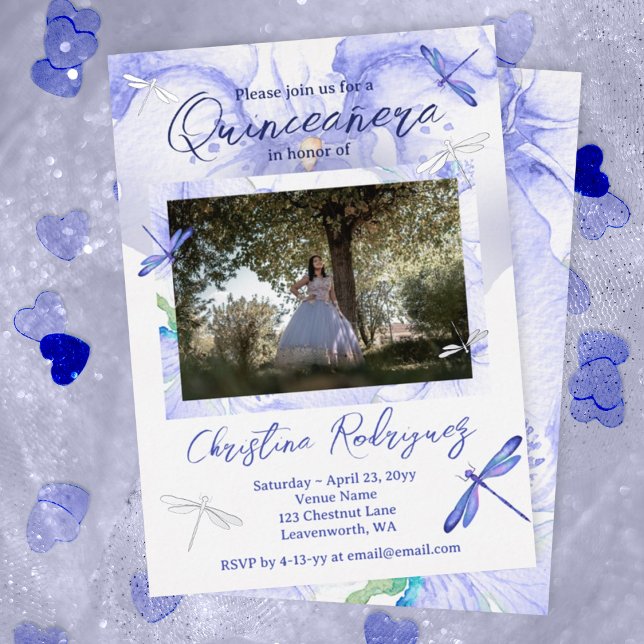 Light Blue, Silver Watercolor Orchid Quinceanera (dusty blue, light blue princess quinceanera invitations, mis quince anos, whimsical dragonflies)