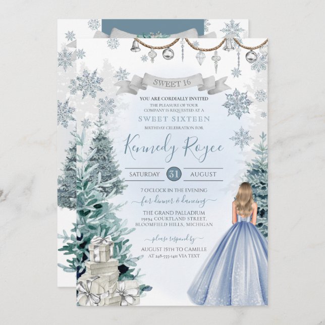 Light Blue Silver Winter Snow Sweet 16 Birthday Invitation (Front/Back)