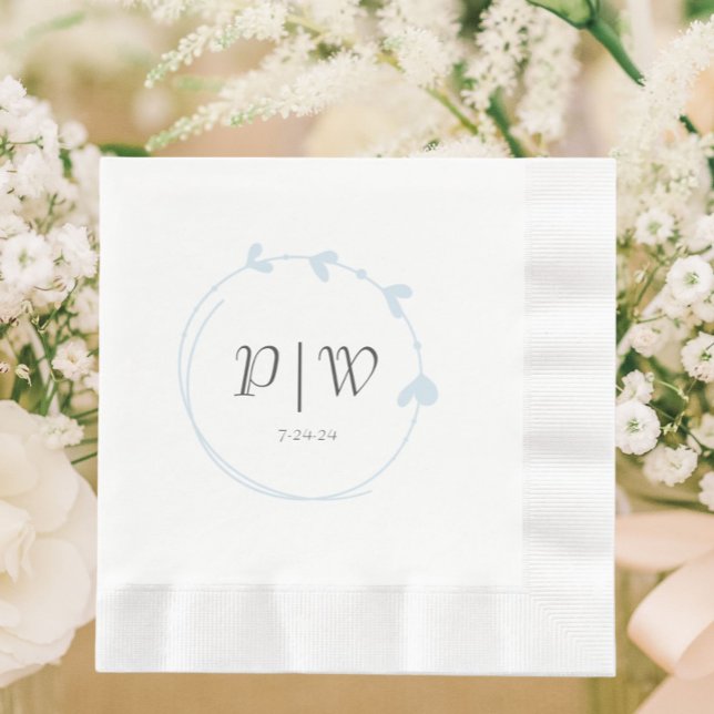 Light Blue Simple Heart Wreath Monogram Wedding Napkin (In Situ Wedding)