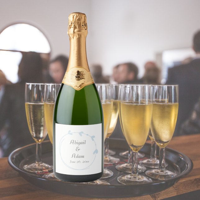 Light Blue Simple Heart Wreath Wedding Sparkling Wine Label (In Situ Wedding)
