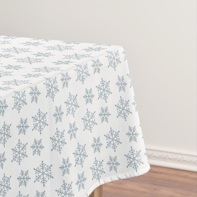 Light Blue Snowflake Pattern on White Tablecloth (In Situ)