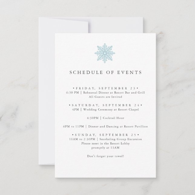 LIGHT BLUE SNOWFLAKE WEDDING SCHEDULE OF EVENTS INVITATION (Front)