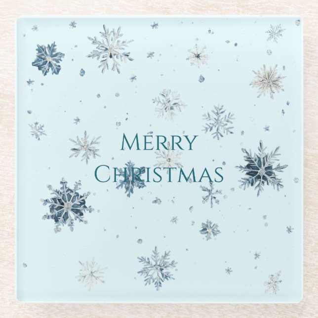 Light Blue Snowflakes Christmas  Glass Coaster (Front)