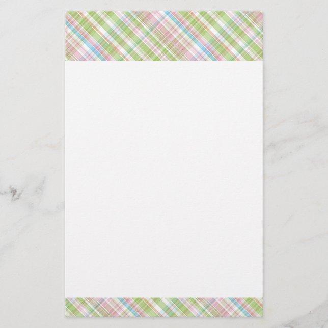 Light Blue Soft Green Blush Pink Plaid Pattern Stationery (Front)