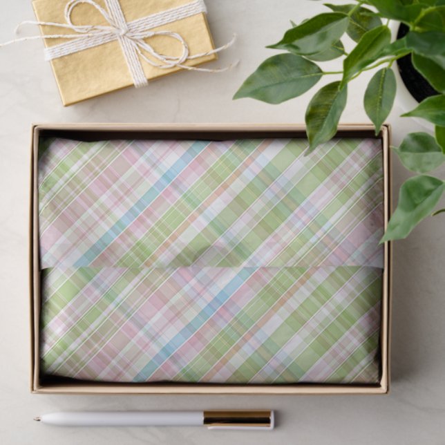 Light Blue Soft Green Blush Pink Plaid Pattern Tissue Paper (Gift)