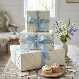 Light Blue Soft Green Blush Pink Plaid Pattern Wrapping Paper