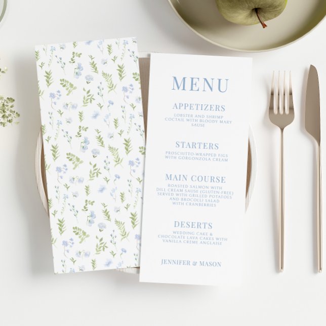 Light blue spring flower garden wedding menu cards (Creator Uploaded)