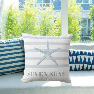 Light blue starfish stripes text coastal cushion