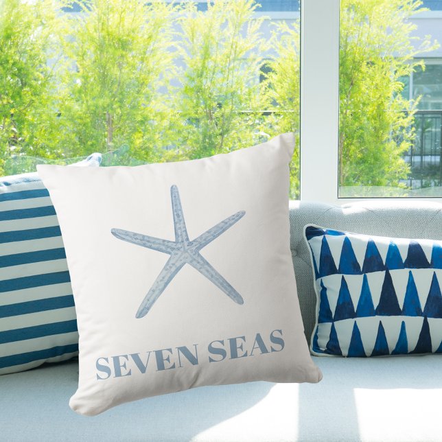 Light blue starfish text modern coastal cushion (Creator Uploaded)
