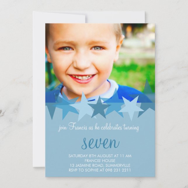 Light Blue Stars Kids Photo Birthday Invitation (Front)
