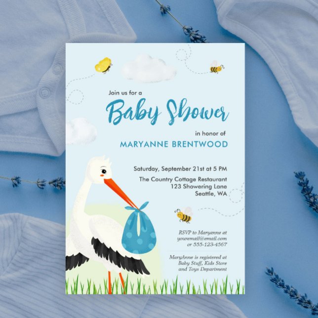 Light Blue Stork Baby Shower  Invitation (Light blue stork baby shower and baby sprinkle invitation template with custom text and info)
